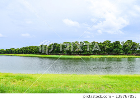 A landscape with a pond surrounded by greenery A landscape with a pond surrounded by greenery 139767855