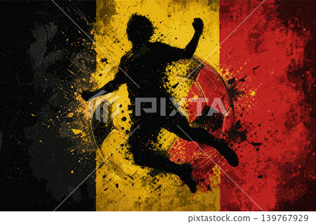 Belgium national football team wallpaper, banner, poster, background. Belgium soccer player silhouette celebrating victory against a grunge national flag. 139767929