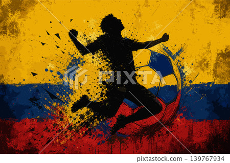 Colombia national football team wallpaper, banner, poster, background. Colombia soccer player silhouette celebrating victory against a grunge national flag. Colombia national football team wallpaper, banner, poster, background. Colombia soccer player silhouette celebrating victory against a grunge national flag. 139767934