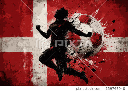 Denmark national football team wallpaper, banner, poster, background. Denmark soccer player silhouette celebrating victory against a grunge national flag. Denmark national football team wallpaper, banner, poster, background. Denmark soccer player silhouette celebrating victory against a grunge national flag. 139767948