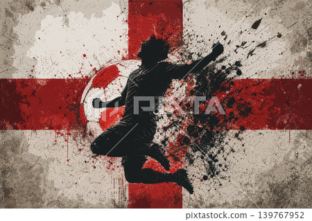 England national football team wallpaper, banner, poster, background. England soccer player silhouette celebrating victory against a grunge national flag. 139767952