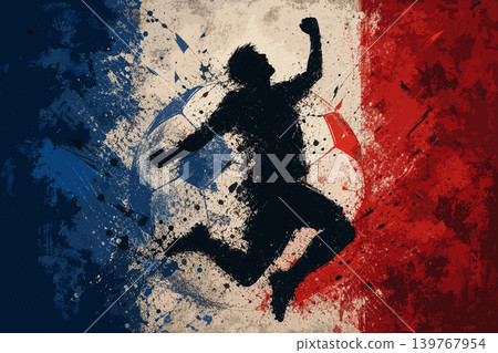 France national football team wallpaper, banner, poster, background. France soccer player silhouette celebrating victory against a grunge national flag. 139767954