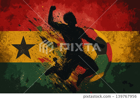 Ghana national football team wallpaper, banner, poster, background. Ghana soccer player silhouette celebrating victory against a grunge national flag. 139767956