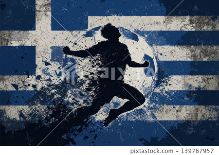 Greece national football team wallpaper, banner, poster, background. Greece soccer player silhouette celebrating victory against a grunge national flag. 139767957