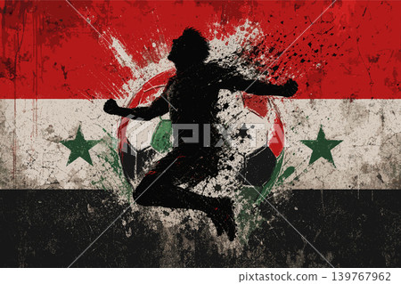 Iraq national football team wallpaper, banner, poster, background. Iraq soccer player silhouette celebrating victory against a grunge national flag. Iraq national football team wallpaper, banner, poster, background. Iraq soccer player silhouette celebrating victory against a grunge national flag. 139767962