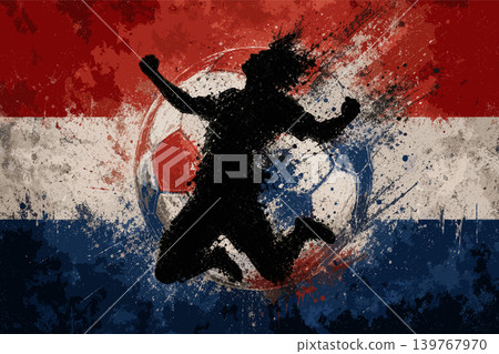 Netherlands national football team wallpaper, banner, poster, background. Netherlands soccer player silhouette celebrating victory against a grunge national flag. Netherlands national football team wallpaper, banner, poster, background. Netherlands soccer player silhouette celebrating victory against a grunge national flag. 139767970