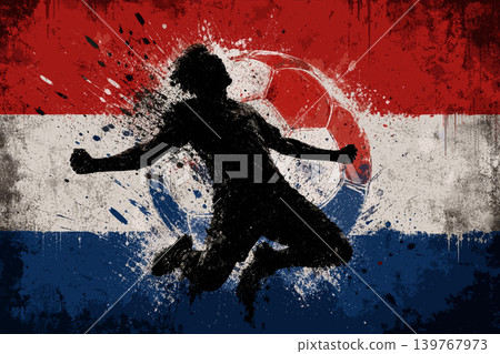 Netherlands national football team wallpaper, banner, poster, background. Netherlands soccer player silhouette celebrating victory against a grunge national flag. Netherlands national football team wallpaper, banner, poster, background. Netherlands soccer player silhouette celebrating victory against a grunge national flag. 139767973