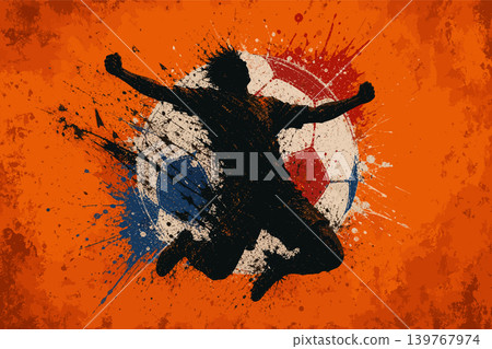 Netherlands national football team wallpaper, banner, poster, background. Netherlands soccer player silhouette celebrating victory against a grunge national flag. Netherlands national football team wallpaper, banner, poster, background. Netherlands soccer player silhouette celebrating victory against a grunge national flag. 139767974