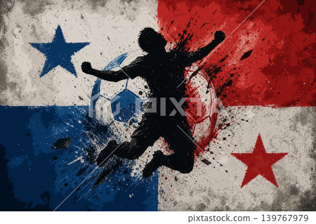 Panama national football team wallpaper, banner, poster, background. Panama soccer player silhouette celebrating victory against a grunge national flag. Panama national football team wallpaper, banner, poster, background. Panama soccer player silhouette celebrating victory against a grunge national flag. 139767979