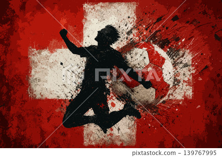 Switzerland national football team wallpaper, banner, poster, background. Switzerland soccer player silhouette celebrating victory against a grunge national flag. 139767995