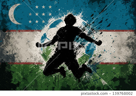 Uzbekistan national football team wallpaper, banner, poster, background. Uzbekistan soccer player silhouette celebrating victory against a grunge national flag. Uzbekistan national football team wallpaper, banner, poster, background. Uzbekistan soccer player silhouette celebrating victory against a grunge national flag. 139768002