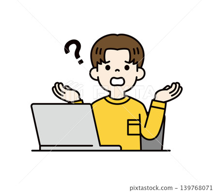 A vector illustration of the upper body of a young male student sitting in front of a laptop, with his hands raised in a helpless gesture. 139768071