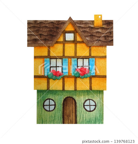 Green and yellow tiny house with chimney, brown roof. Watercolor illustration in children's style on white background. Package, invitation, prints for children's dishes, toys, clothes, books, games. Green and yellow tiny house with chimney, brown roof. Watercolor illustration in children's style on white background. Package, invitation, prints for children's dishes, toys, clothes, books, games. 139768123