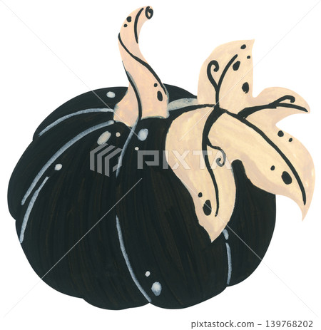 Black and white pumpkin hand drawn illustration, autumn squash gourd with leaves botanical, spooky Halloween harvest decor. Black and white pumpkin hand drawn illustration, autumn squash gourd with leaves botanical, spooky Halloween harvest decor. 139768202