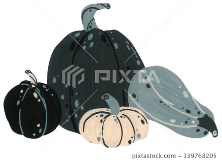 Black and white pumpkin hand drawn illustration, autumn squash gourd with leaves botanical, spooky Halloween harvest decor. Black and white pumpkin hand drawn illustration, autumn squash gourd with leaves botanical, spooky Halloween harvest decor. 139768205