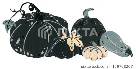 Black and white pumpkin hand drawn illustration, autumn squash gourd with leaves botanical, spooky Halloween harvest decor. Black and white pumpkin hand drawn illustration, autumn squash gourd with leaves botanical, spooky Halloween harvest decor. 139768207
