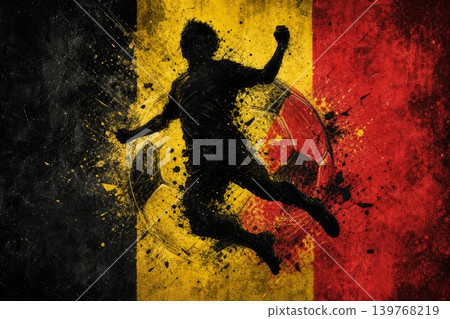 Belgium national football team wallpaper, banner, poster, background. Belgium soccer player silhouette celebrating victory against a grunge national flag. Belgium national football team wallpaper, banner, poster, background. Belgium soccer player silhouette celebrating victory against a grunge national flag. 139768219