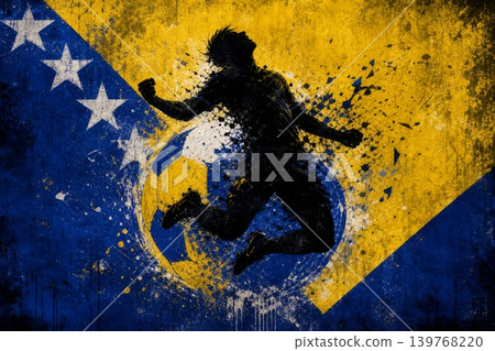 Bosnia and Herzegovina national football team wallpaper, banner, poster, background. Bosnia and Herzegovina soccer player silhouette celebrating victory against a grunge national flag. Bosnia and Herzegovina national football team wallpaper, banner, poster, background. Bosnia and Herzegovina soccer player silhouette celebrating victory against a grunge national flag. 139768220