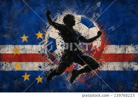 Cape Verde national football team wallpaper, banner, poster, background. Cape Verde soccer player silhouette celebrating victory against a grunge national flag. 139768223