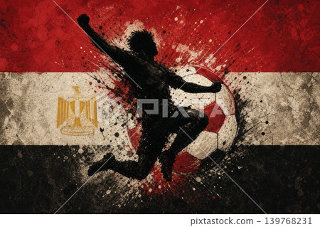 Egypt national football team wallpaper, banner, poster, background. Egypt soccer player silhouette celebrating victory against a grunge national flag. Egypt national football team wallpaper, banner, poster, background. Egypt soccer player silhouette celebrating victory against a grunge national flag. 139768231