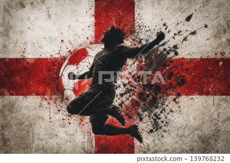 England national football team wallpaper, banner, poster, background. England soccer player silhouette celebrating victory against a grunge national flag. England national football team wallpaper, banner, poster, background. England soccer player silhouette celebrating victory against a grunge national flag. 139768232