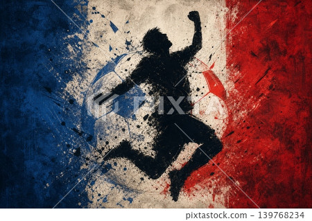 France national football team wallpaper, banner, poster, background. France soccer player silhouette celebrating victory against a grunge national flag. 139768234