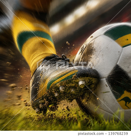 Argentina national soccer or football team background, wallpaper, banner, poster. Argentina soccer player kicking football during dynamic action. 139768239