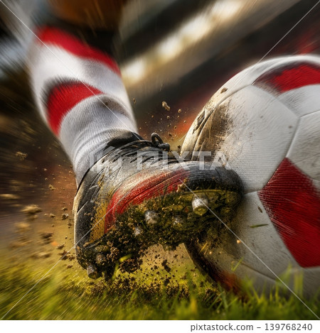 Austria national soccer or football team background, wallpaper, banner, poster. Austria soccer player kicking football during dynamic action. 139768240