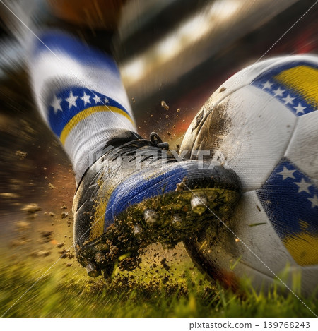 Bosnia and Herzegovina national soccer or football team background, wallpaper, banner, poster. Bosnia and Herzegovina soccer player kicking football during dynamic action. 139768243