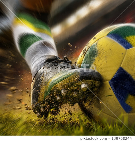 Brazil national soccer or football team background, wallpaper, banner, poster. Brazil soccer player kicking football during dynamic action. Brazil national soccer or football team background, wallpaper, banner, poster. Brazil soccer player kicking football during dynamic action. 139768244