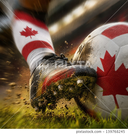 Canada national soccer or football team background, wallpaper, banner, poster. Canada soccer player kicking football during dynamic action. Canada national soccer or football team background, wallpaper, banner, poster. Canada soccer player kicking football during dynamic action. 139768245