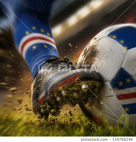Cape Verde national soccer or football team background, wallpaper, banner, poster. Cape Verde soccer player kicking football during dynamic action. 139768246