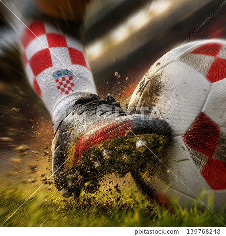 Croatia national soccer or football team background, wallpaper, banner, poster. Croatia soccer player kicking football during dynamic action. Croatia national soccer or football team background, wallpaper, banner, poster. Croatia soccer player kicking football during dynamic action. 139768248