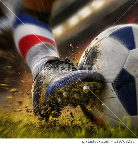 France national soccer or football team background, wallpaper, banner, poster. France soccer player kicking football during dynamic action. 139768255