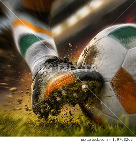Ivory Coast national soccer or football team background, wallpaper, banner, poster. Ivory Coast soccer player kicking football during dynamic action. Ivory Coast national soccer or football team background, wallpaper, banner, poster. Ivory Coast soccer player kicking football during dynamic action. 139768262