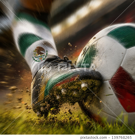 Mexico national soccer or football team background, wallpaper, banner, poster. Mexico soccer player kicking football during dynamic action. Mexico national soccer or football team background, wallpaper, banner, poster. Mexico soccer player kicking football during dynamic action. 139768265