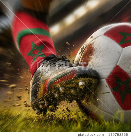 Morocco national soccer or football team background, wallpaper, banner, poster. Morocco soccer player kicking football during dynamic action. 139768266