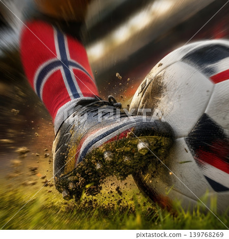 Norway national soccer or football team background, wallpaper, banner, poster. Norway soccer player kicking football during dynamic action. Norway national soccer or football team background, wallpaper, banner, poster. Norway soccer player kicking football during dynamic action. 139768269
