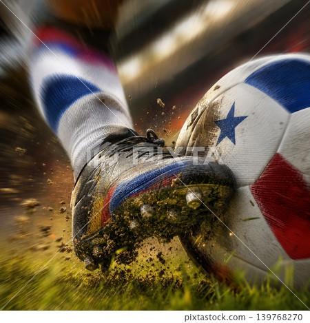 Panama national soccer or football team background, wallpaper, banner, poster. Panama soccer player kicking football during dynamic action. Panama national soccer or football team background, wallpaper, banner, poster. Panama soccer player kicking football during dynamic action. 139768270