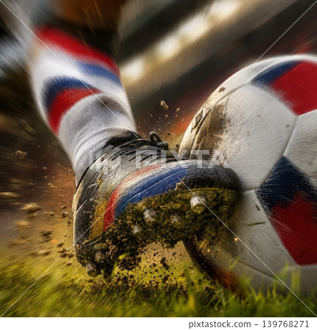 Paraguay national soccer or football team background, wallpaper, banner, poster. Paraguay soccer player kicking football during dynamic action. Paraguay national soccer or football team background, wallpaper, banner, poster. Paraguay soccer player kicking football during dynamic action. 139768271