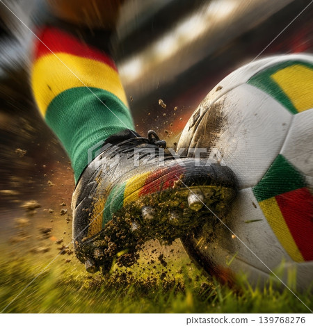 Senegal national soccer or football team background, wallpaper, banner, poster. Senegal soccer player kicking football during dynamic action. Senegal national soccer or football team background, wallpaper, banner, poster. Senegal soccer player kicking football during dynamic action. 139768276