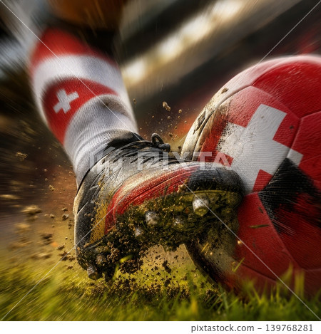 Switzerland national soccer or football team background, wallpaper, banner, poster. Switzerland soccer player kicking football during dynamic action. Switzerland national soccer or football team background, wallpaper, banner, poster. Switzerland soccer player kicking football during dynamic action. 139768281