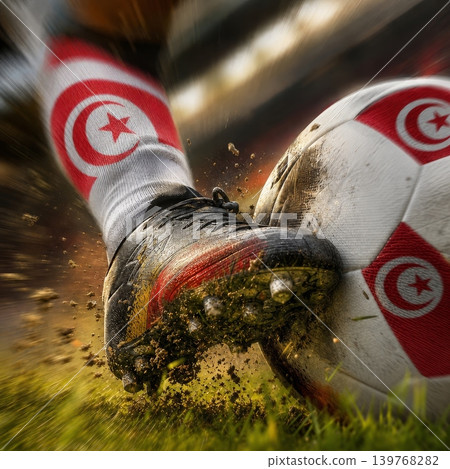 Tunisia national soccer or football team background, wallpaper, banner, poster. Tunisia soccer player kicking football during dynamic action. Tunisia national soccer or football team background, wallpaper, banner, poster. Tunisia soccer player kicking football during dynamic action. 139768282