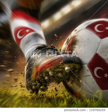 Turkey national soccer or football team background, wallpaper, banner, poster. Turkey soccer player kicking football during dynamic action. Turkey national soccer or football team background, wallpaper, banner, poster. Turkey soccer player kicking football during dynamic action. 139768283