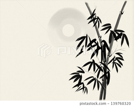 An artistic ink painting of bamboo stalks with leaves and a soft, circular motif resembling a moon 139768320