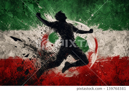 Iran national football team wallpaper, banner, poster, background. Iran soccer player silhouette celebrating victory against a grunge national flag. Iran national football team wallpaper, banner, poster, background. Iran soccer player silhouette celebrating victory against a grunge national flag. 139768381