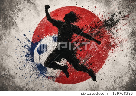 Japan national football team wallpaper, banner, poster, background. Japan soccer player silhouette celebrating victory against a grunge national flag. 139768386