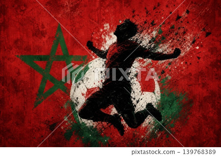 Morocco national football team wallpaper, banner, poster, background. Morocco soccer player silhouette celebrating victory against a grunge national flag. Morocco national football team wallpaper, banner, poster, background. Morocco soccer player silhouette celebrating victory against a grunge national flag. 139768389