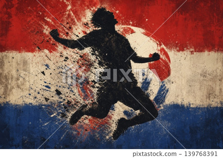 Netherlands national football team wallpaper, banner, poster, background. Netherlands soccer player silhouette celebrating victory against a grunge national flag. Netherlands national football team wallpaper, banner, poster, background. Netherlands soccer player silhouette celebrating victory against a grunge national flag. 139768391