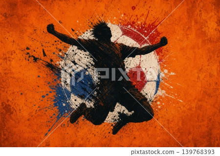 Netherlands national football team wallpaper, banner, poster, background. Netherlands soccer player silhouette celebrating victory against a grunge national flag. Netherlands national football team wallpaper, banner, poster, background. Netherlands soccer player silhouette celebrating victory against a grunge national flag. 139768393